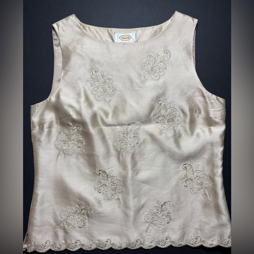 Talbots Pure Silk Embroidered Beaded Shell. Size 10 Champagne Gold.